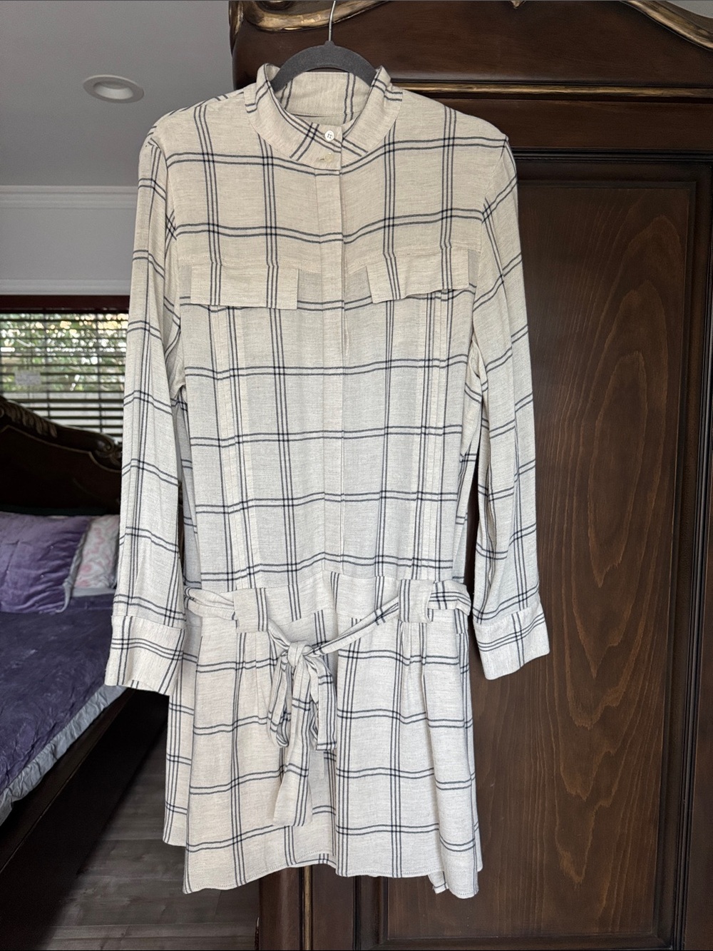 Reiss Long-Sleeve Cream Plaid Shirt Dress with Tie Waist size 8
